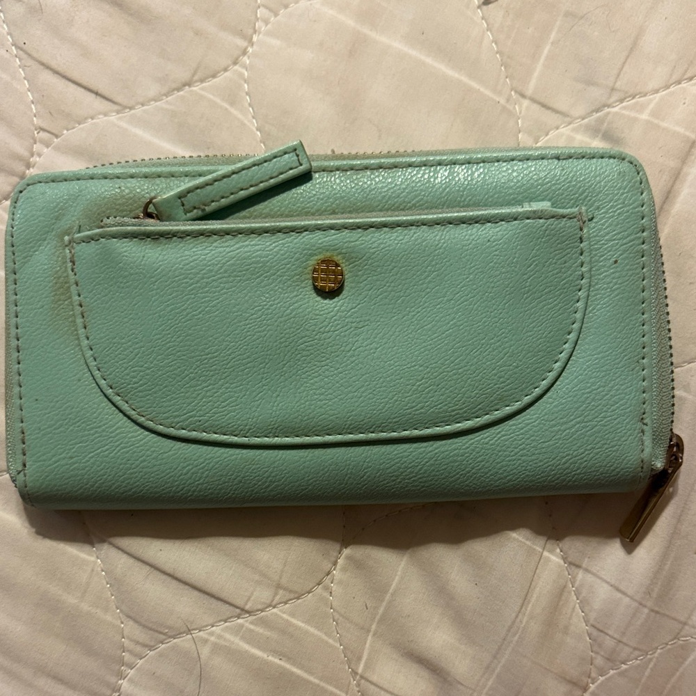 Mint Green Leather Zip Wallet with Front Pocket